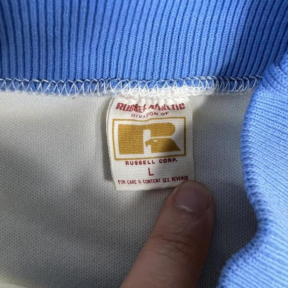 VTG 70s Russell Athletic Western Sweatshirt Mens Large White Blue Ribbed Rare - Picture 4 of 9
